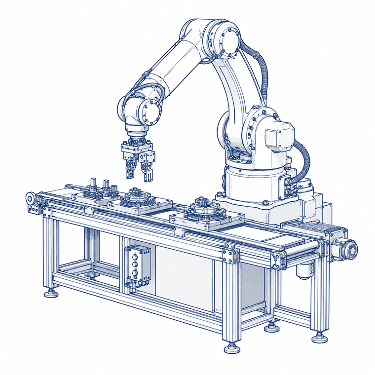 ロボットアームと搬送ラインの線画