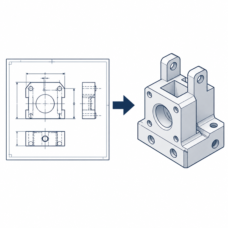 2D図面から3D部品へ移行する線画
